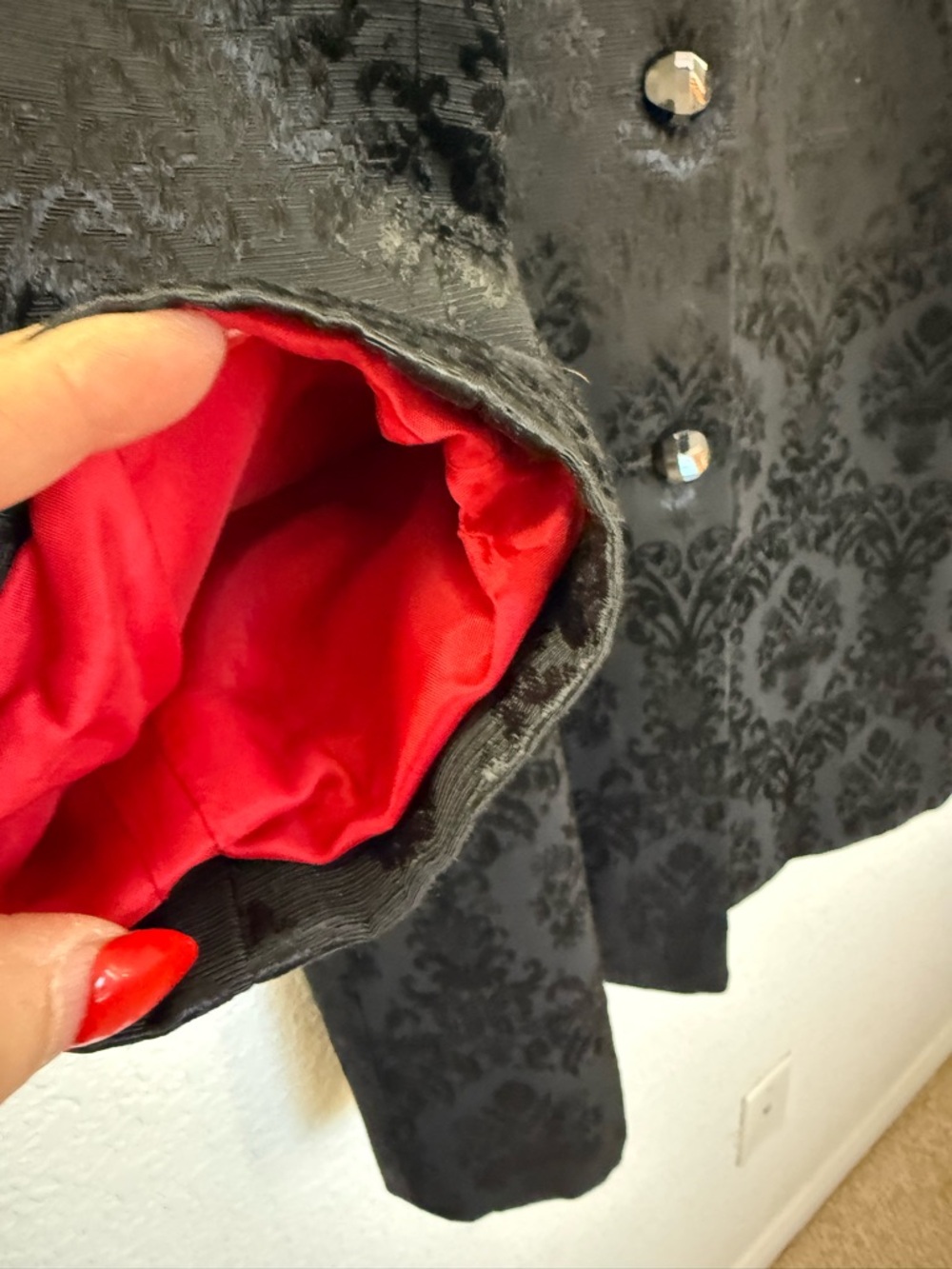 Elegant Black Jacquard Coat | Size 16 | Red‎ Lined Glam Evening Statement Jacket - Picture 14 of 15